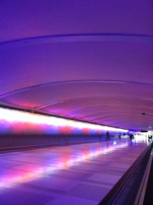 Detoit airport art, walkway, music and lights